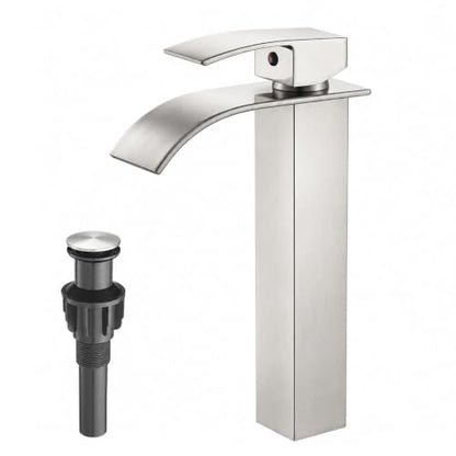 VOTON Vessel Sink Faucet Brushed Nickel Modern Tall Waterfall Bathroom Sink Faucet with Pop-Up Drain Single Handle Bathroom Faucet 1 Hole Bowl Lavatory Vanity Faucet, Rv Sink Camper Farmhouse Faucet - color: Brushed Nickel, size: Tall