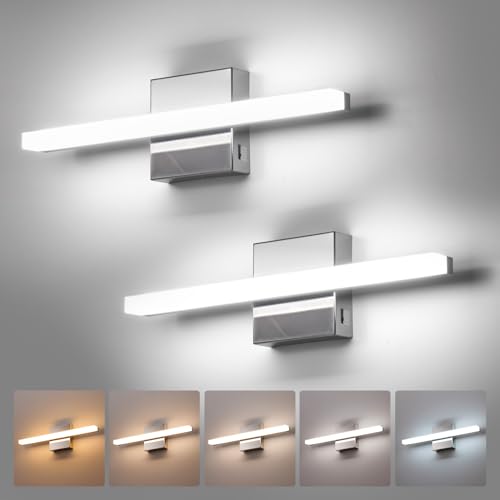 Modern Bathroom Light Fixtures Over Mirror, Vanity Lamp Bar Chrome | Small 16 Inch, Soft Shadow Free, Linear Design, Wall Mounted, Lampara para Baño sobre Espejo, 5 Colors Adjustable, 2 Pack - color: 5CCT-Not Dimmable, size: 16inch-2 pack