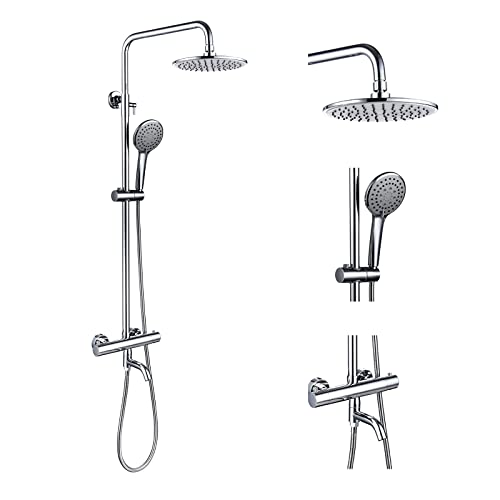Outdoor Shower Faucet Set 8" Round Shower Head 3 Function Thermostatic Rainfall Shower Faucet Set Handheld Sprayer with Constant Temperature Polished Chrome with Height Adjustable Slide Bar