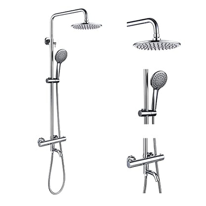 Outdoor Shower Faucet Set 8" Round Shower Head 3 Function Thermostatic Rainfall Shower Faucet Set Handheld Sprayer with Constant Temperature Polished Chrome with Height Adjustable Slide Bar