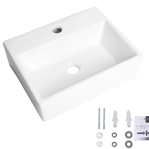 Wall Mounted Bathroom Vessel Sink, QISHKA 15" X 12" Rectangular Floating Ceramic Wash Hand Basin White Wall Hung Vanity Sink for Bathroom and Cloakroom - size: 15" x 12" x 4.7"