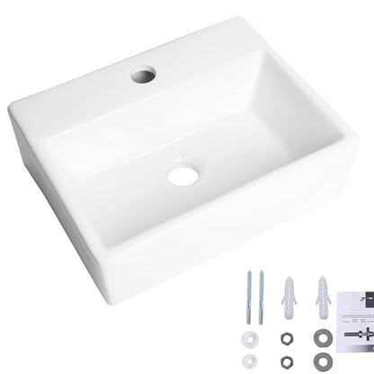 Wall Mounted Bathroom Vessel Sink, QISHKA 15" X 12" Rectangular Floating Ceramic Wash Hand Basin White Wall Hung Vanity Sink for Bathroom and Cloakroom - size: 15" x 12" x 4.7"