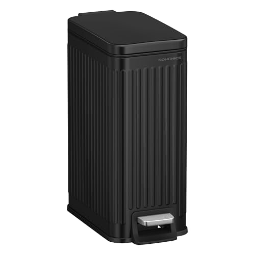 SONGMICS Bathroom Trash Can, 1.6-Gallon (6 L) Trash Bin with Lid, Slim for Small Spaces, Stainless Steel Garbage Can, Soft Close, Black ULTB563B02 - color: Black, style: 1.6 Gal. & fluted design