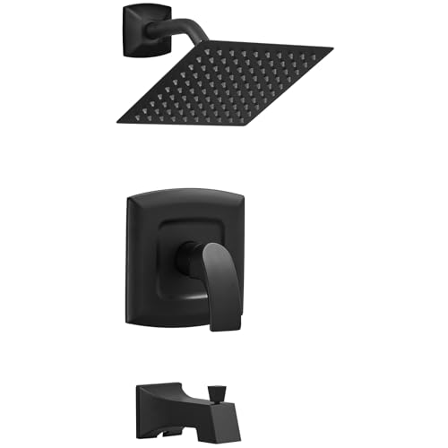 Tub Shower Faucet, Matte Black Shower Faucet Set with valve | 8-Inch Square Rain Shower Head and Tub Spout, Brass Shower System Bathtub Shower Faucet Set Complete, Tub shower faucet set