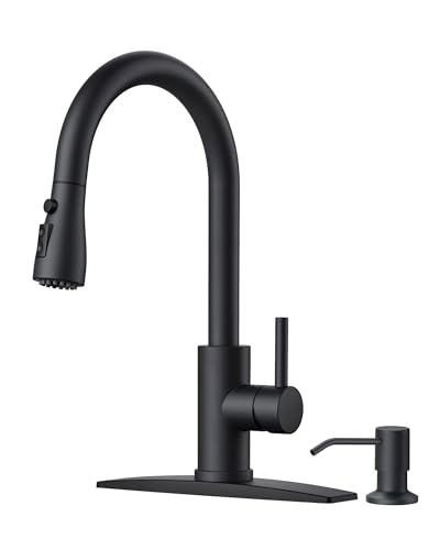 FORIOUS Black Kitchen Faucet, with Soap Dispenser and Pull Down Sprayer | High Arc Single Handle, Lead-Free Stainless Steel, 3 mode Sprayer, Classic Bar Sink Faucet for Outdoor Rv Laundry Camper - color: Matte Black, style: Classic