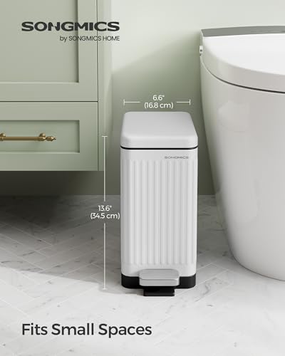 SONGMICS Bathroom Trash Can, 2.6-Gallon (10 L) Trash Bin with Lid, Slim for Small Spaces, Stainless Steel Garbage Can, Soft Close, White ULTB562W01 | Slim Bin for Small Spaces, Soft Close, Matte White, PATIA Collection ULTB562W01 - color: White, style: 2.
