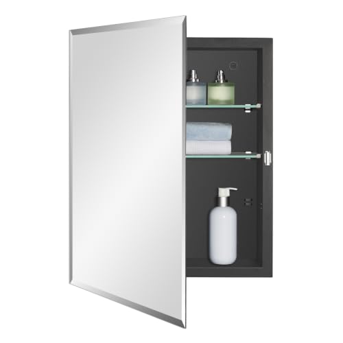 IDYLLOR Black Bathroom Medicine Cabinet with Beveled Edge Mirrored Door 16 x 20 inch, Recessed or Surface Mount, with Adjustable Glass Shelves - color: Matte Black, size: 16x20 inch Beveled Edge Mirror
