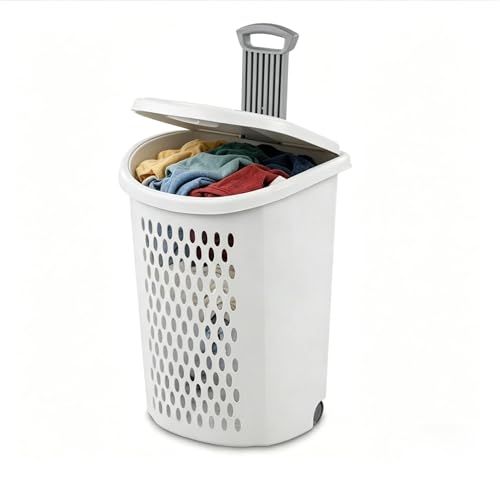 2-Bushel Rolling Plastic Laundry Basket with Wheels & Lid, White | Heavy-duty build, retractable pull handle, ideal for dorm rooms & apartment laundry storage