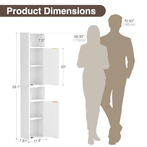 AKMAKM 59.1" Tall Slim Bathroom Storage Cabinet White | Freestanding or Wall Mounted Modular Cabinet, Fluted Panel Linen Tower with Adjustable Shelves for Small Spaces - color: White