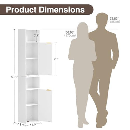 AKMAKM 59.1" Tall Slim Bathroom Storage Cabinet White | Freestanding or Wall Mounted Modular Cabinet, Fluted Panel Linen Tower with Adjustable Shelves for Small Spaces - color: White