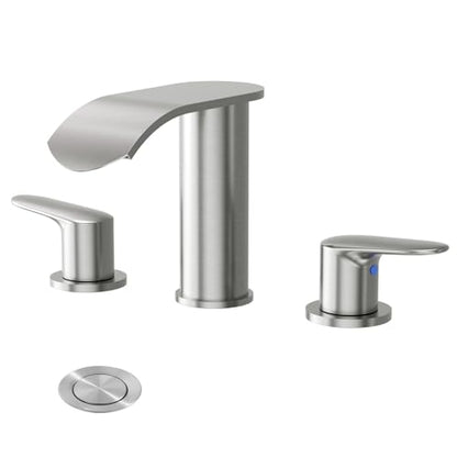 WOWOW Waterfall Bathroom Faucet 3 Holes 8Inch Widespread Bathroom Sink Faucet, Two Handles Brushed Nickel Bathroom Faucet with Pop-up Drain & Supply Hoses, Modern Faucet Mixer Taps Brushed Nickel - color: Brushed Nickel