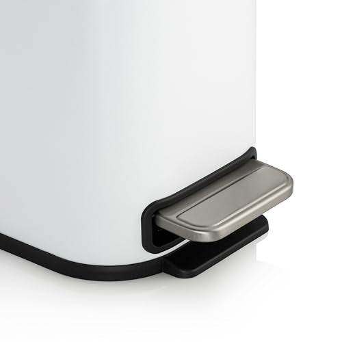 RED FACTOR Slim Small 1.3 Gallon Stainless Steel Pedal Trash Can with Soft Close Lid for Narrow Spaces – Wastebasket Bin with Removable Inner Bucket - color: Metallic White