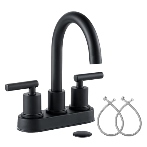 VXV Bathroom Sink Faucet 4 Inch 2 Handle Centerset Utility Lavatory Vanity Modern 360 Rotating Black Water Faucet with Pop-up Drain Stopper Assembly and Supply Lines Fits 2 Hole - color: Matte Black