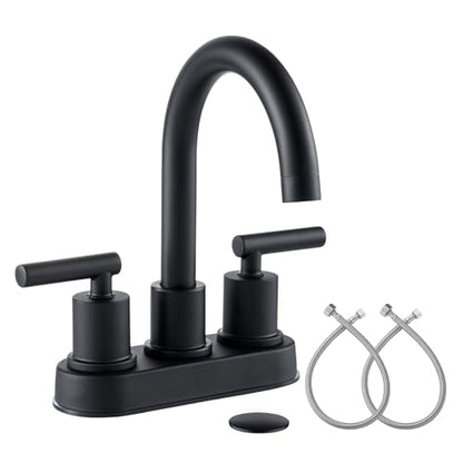 VXV Bathroom Sink Faucet 4 Inch 2 Handle Centerset Utility Lavatory Vanity Modern 360 Rotating Black Water Faucet with Pop-up Drain Stopper Assembly and Supply Lines Fits 2 Hole - color: Matte Black