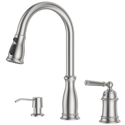 DAYONE 3 Holes Kitchen Sink Faucets with Pull Down Sprayer and Soap Dispenser, Separate Handle Brushed Nickel Sink Faucet for Kitchen, 2 Holes Single Handle High Arc - color: Brushed Nickel, style: Separate handle