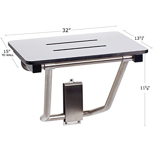 Seachrome Lift-Assist Shower Seat, Yoke-Style Bench, Wall Mount, 32" x 15", Solid White Phenolic - color: White, size: 32 inch