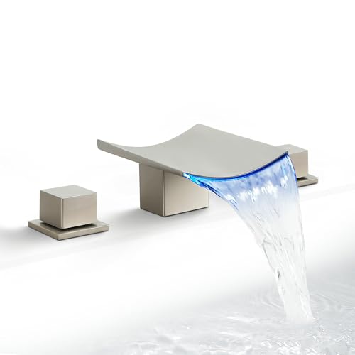 SKOWLL Brushed Nickel Bathroom Faucet, 8 Widespread LED Waterfall Faucets 3 Hole, Modern Vanity Sink Faucets, 2 Handle Deck Mount - color: Brushed Nickel