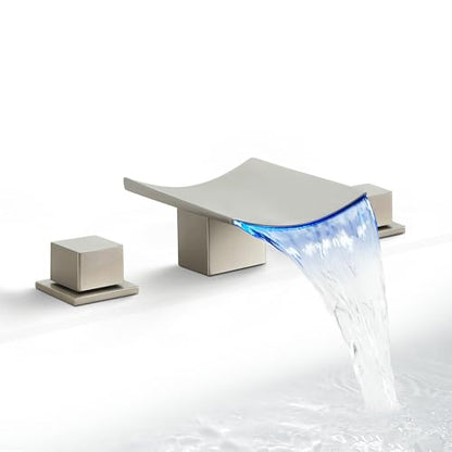 SKOWLL Brushed Nickel Bathroom Faucet, 8 Widespread LED Waterfall Faucets 3 Hole, Modern Vanity Sink Faucets, 2 Handle Deck Mount - color: Brushed Nickel