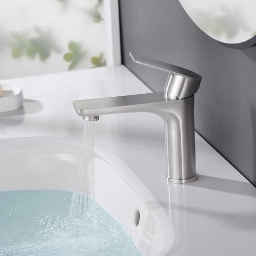 SUMERAIN Brushed Nickel Bathroom Sink Faucet Washbasin Faucet 304 Stainless Steel Single Hole Single Lever Handle | Unique Flow Pattern, Water-saving, Lead-Free, with Faucet Supply Lines, Easy DIY Install - color: Brushed Nickel