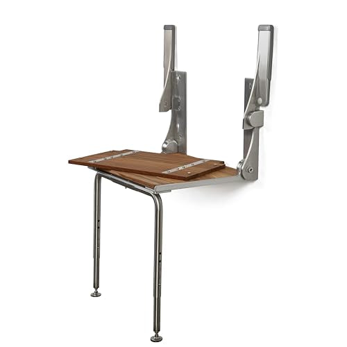 Silhouette Comfort Plus Folding Shower Seat with Armrests & Legs – Heavy-Duty Wall-Mounted Shower Bench, Teak Wood Seat with Silver Frame - color: Gray Frame, size: 18.73" x 15.25", style: Teak Wood