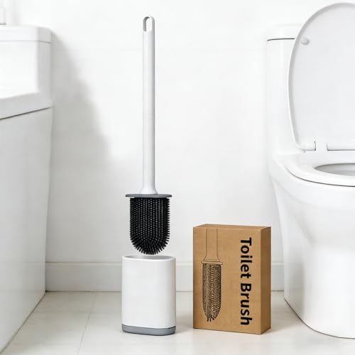 Silicone Toilet Brush and Holder Set, Flexible Toilet Bowl Brush Head with Silicone, Long Handle, Wall Mounted with Removable Anti-Leakage Base, Soft Bristles for Bathroom Deep Cleaning (White) - color: White