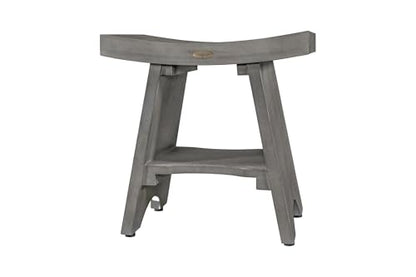 EcoDecors Serenity Teak Wood Shower Bench with Shelf 18 Inch Lunar Gray Finish Solid Teak Bathroom Seat Storage Non Slip Adjustable Feet Slatted Drainage Design for Shower Spa Sauna Indoor Outdoor Use