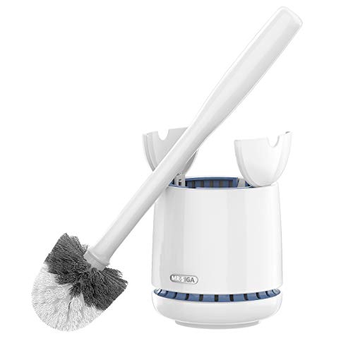 MR.SIGA Toilet Bowl Brush and Holder, Sturdy Long Handle, White, 1 Pack | Automatic lid design, upgraded ventilation, replaceable toilet brush head dries quickly - color: White, size: One Size