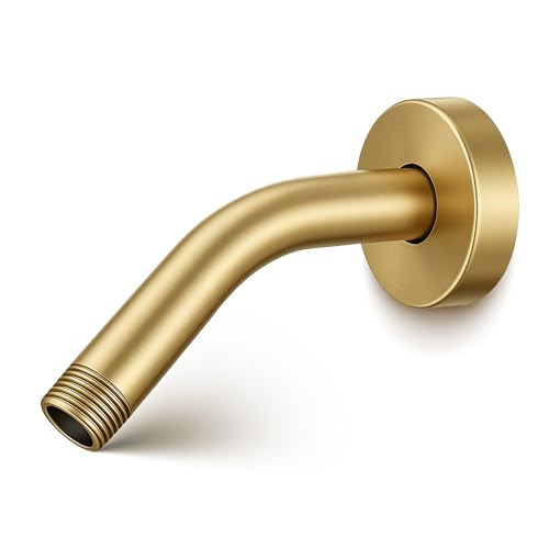 Brushed Gold Shower Arm 6" Shower Extension Arm with Flange and Teflon Tape, Solid Brass Construction 1/2″ NPT, Close to Wall Shower Replacement for for Shower Head & Handheld Shower Head - color: Brushed Gold