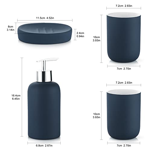 Bathroom Accessories Set, Blue, 4 Pieces | Vanity Countertop Ceramic, Lotion Dispenser Soap Pump, 2 Tumbler, Soap Dish