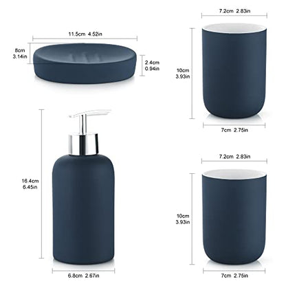 Bathroom Accessories Set, Blue, 4 Pieces | Vanity Countertop Ceramic, Lotion Dispenser Soap Pump, 2 Tumbler, Soap Dish