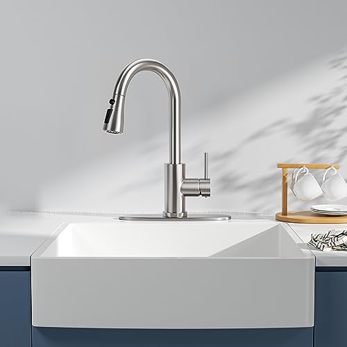Kitchen Faucet with Pull-Down Spray Single Handle high arc Commercial Stainless Steel Brushed Nickel Kitchen Sink Faucet with Deck Suitable for bar Laundry RV Farmhouse (Brushed Nickel) - color: Brushed Nickel, style: Standard