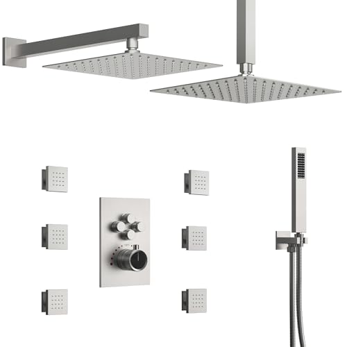 12" High-Pressure Rainfall Shower Faucet with Valve for Bathroom, Dual Rainfall Shower Head System with 6 Body Jets, Rough in-Valve (Brushed Nickel) | High-Pressure, Dual 12" Rainfall Shower Head System, 6 Body Jets, Rough in-Valve - color: Brushed Nickel