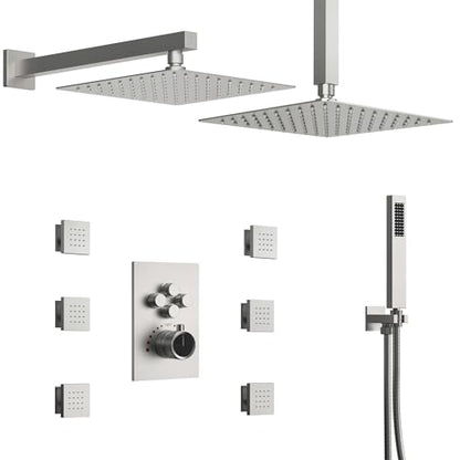 12" High-Pressure Rainfall Shower Faucet with Valve for Bathroom, Dual Rainfall Shower Head System with 6 Body Jets, Rough in-Valve (Brushed Nickel) | High-Pressure, Dual 12" Rainfall Shower Head System, 6 Body Jets, Rough in-Valve - color: Brushed Nickel