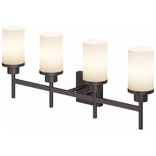 Bathroom Light Fixtures 4-Light Bathrom Vanity Lightings with White Frosted Glass Shade, Oil Rubbed Bronze Wall Lamps Over Mirror T001ORB-L4 - color: Oil-Rubbed Bronze, size: 4-Light