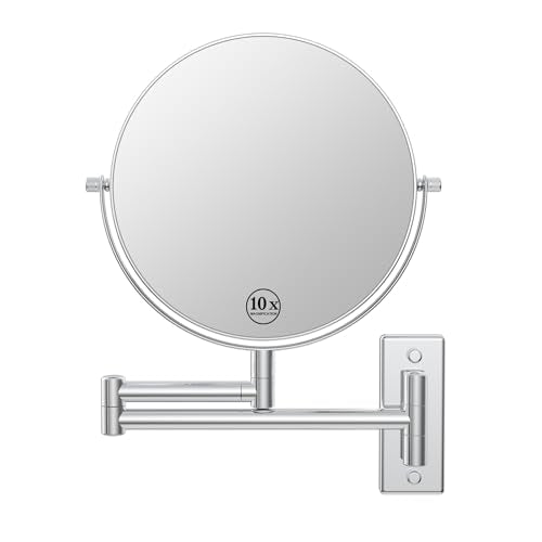 8" Wall Mounted Makeup Mirror with 1X 10X Magnification, Chrome | Double-sided Wall Mount Magnifying Mirror with Swivel Extendable Arm for Bathroom - color: Chrome-no Lights