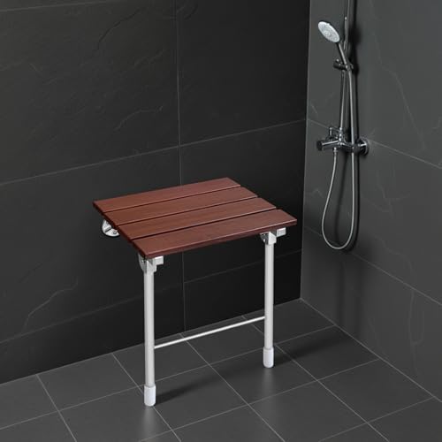 Wall Mounted Folding Shower Chair Heavy Duty Bath Seat Bathroom Safety Stool Space Saving Fold Down Shower Bench Wooden Stainless Steel Support 352lbs Anti Slip Bathroom Seat For Elderly Disabled 14.9