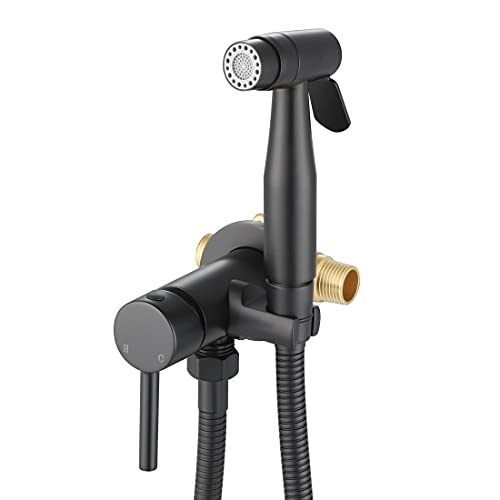 Matte Black Handheld Bidet Sprayer for Toilet Warm Water Wall Mount | Stainless Steel Wall Hung Bidet Hand Held Sprayer with Brass Hot and Cold Mixing Valve, 47 Inches Anti-leaking Shower Hose - color: Matte Black