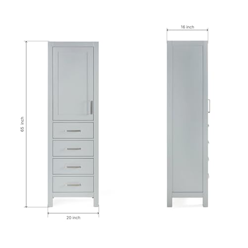 ARIEL Cambridge Bathroom Storage Cabinet - Solid Hevea Wood and Fully Assembled for Long-Lasting Durability and Sophisticated Finish, Freestanding Linen Bathroom Cabinet - 65”H x 20”W x 16”D, Grey - color: Grey, style: Cambridge