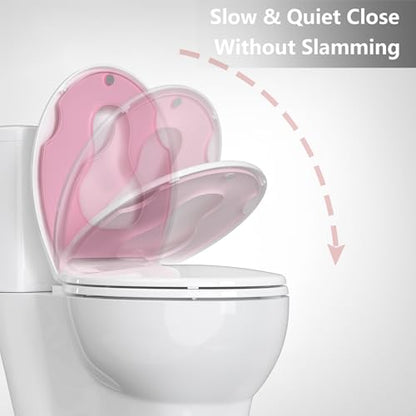 17" Round Toddler Toilet Seat, Built-In Potty Training Seat with Soft Quiet Close Non-Slip Design, Magnetic Kids Seat and Cover for Family Bathrooms, Durable and Easy to Clean,Pink - color: Pink, with Toddler Seat, size: Round (17″)