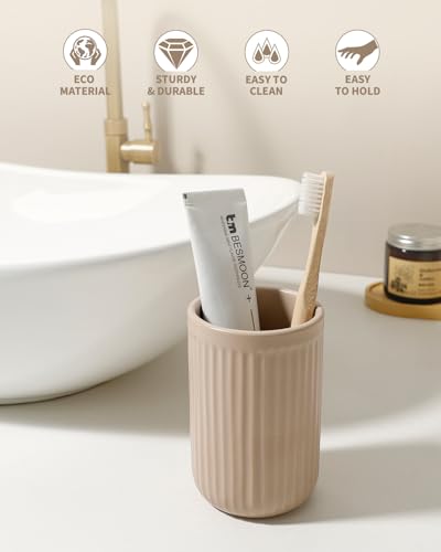 BosilunLife Ceramic Toothbrush Holder - 12oz Bathroom Toothbrush Holder Tooth Brush Holders Tumbler Cups Reusable Toothbrush Mouthwash Cup Small Toothbrush and Toothpaste Holder, Striped Khaki - color: Khaki--vsc, size: striped-cylinder