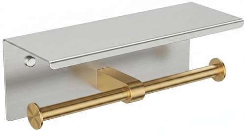 FORIOUS Toilet Paper Holder with Shelf, Commercial Toilet Paper Dispensers | Stainless Steel & Gold | Wall Mount Bathroom Tissue Holder | SUS304 Stainless Steel Rustproof | Double Tissue Roll Holder - color: Stainless Steel & Brushed Gold
