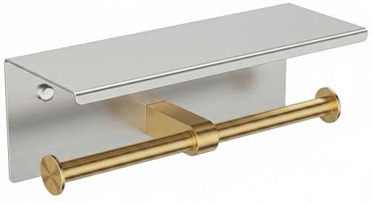 FORIOUS Toilet Paper Holder with Shelf, Commercial Toilet Paper Dispensers | Stainless Steel & Gold | Wall Mount Bathroom Tissue Holder | SUS304 Stainless Steel Rustproof | Double Tissue Roll Holder - color: Stainless Steel & Brushed Gold