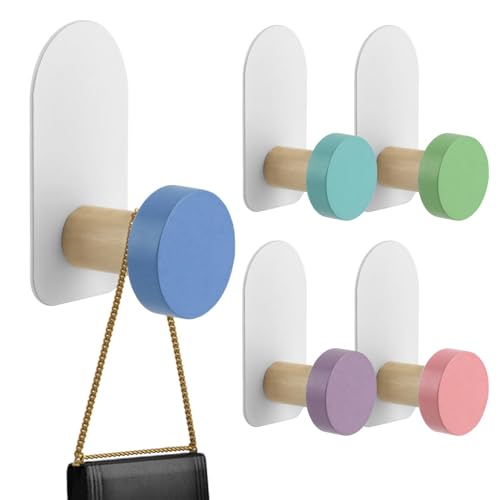 5Pcs Self Adhesive Hooks, Wooden Coat Hook in Animal Shapes, Multi Purpose Stick on Hooks Holder Wall Hook Door Hooks for Tea Towel Coat Kitchen Bathroom(Macaron Round)
