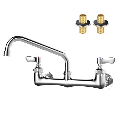 Wall Mount Kitchen Faucet, TOLSUNY Commercial Sink Faucet with 8-inch Swivel Spout, Brass Dual Handle Utility Laundry, Chrome Gooseneck Spout, for Laundry Room Restaurant Compartment Sink