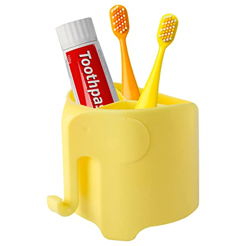 Elephant Toothbrush Holder for Kids, Suction Cup Electric Toothbrush and Toothpaste Holder for Toddler, Cute Toddler Toothbrush Holder with 3 Slots and a Hook for Hanging Bath Ball, Yellow - color: Yellow