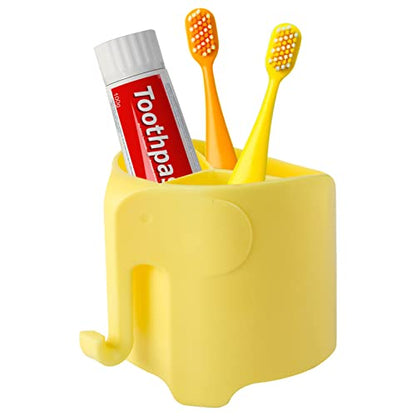 Elephant Toothbrush Holder for Kids, Suction Cup Electric Toothbrush and Toothpaste Holder for Toddler, Cute Toddler Toothbrush Holder with 3 Slots and a Hook for Hanging Bath Ball, Yellow - color: Yellow