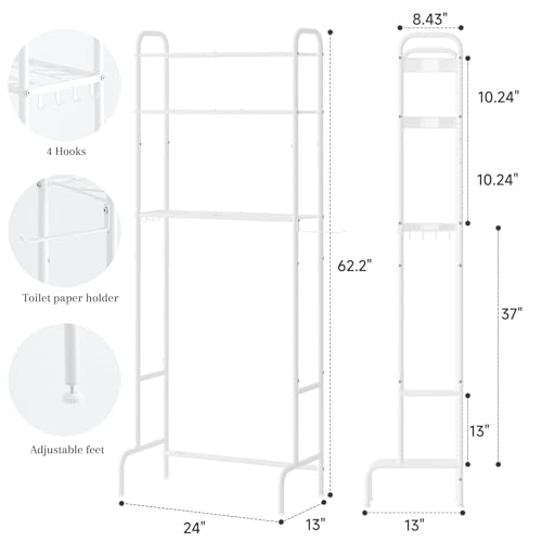 STDDRE 3-Tier Over The Toilet Storage Space Saver with Paper Holder Freestanding Rack Metal Bathroom Shelves with Hooks Above The Toilet Storage Shelf (White, 3 Tier) - color: White