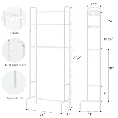 STDDRE 3-Tier Over The Toilet Storage Space Saver with Paper Holder Freestanding Rack Metal Bathroom Shelves with Hooks Above The Toilet Storage Shelf (White, 3 Tier) - color: White