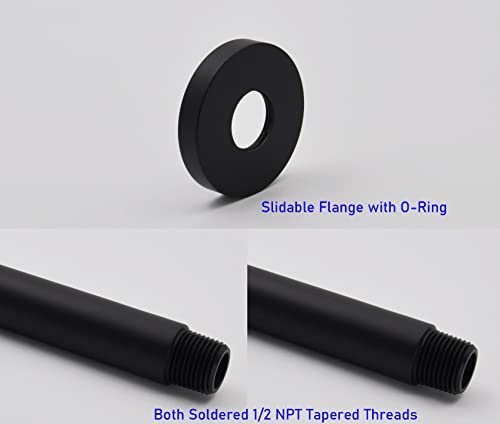 Shower Arm and O-Ring Flange, 3 inch, Solid Brass, Round, Both Soldered 1/2 NPT Tapered Threads, Straight Shower Arm Extension, Ceiling Shower Head Arm for Rainfall Shower (Matte Black) - color: Matte Black