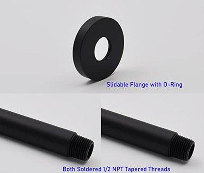 Shower Arm and O-Ring Flange, 3 inch, Solid Brass, Round, Both Soldered 1/2 NPT Tapered Threads, Straight Shower Arm Extension, Ceiling Shower Head Arm for Rainfall Shower (Matte Black) - color: Matte Black
